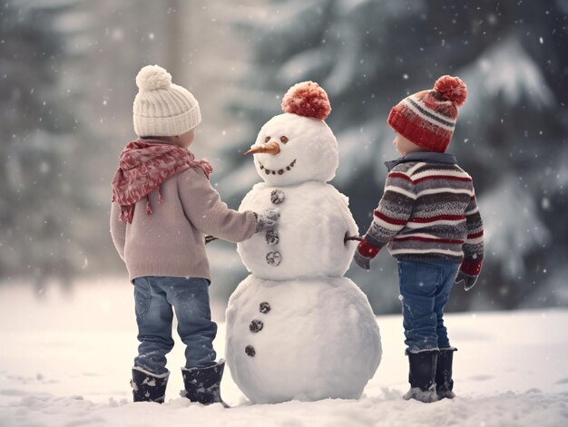 Happy Kids Building a Snowman in Winter Wonderland Generative AI