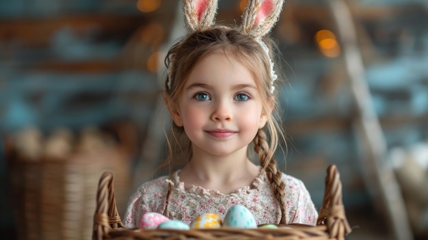 Happy kids in bunny ears on Easter day