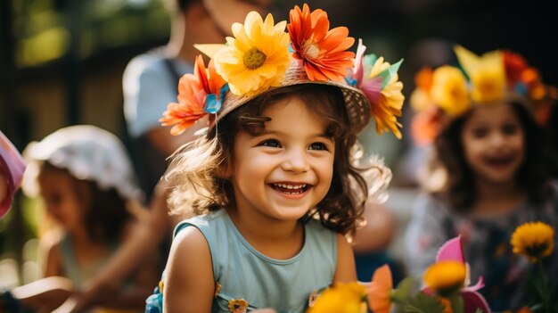 Happy kids celebrating birthday party together in garden in summer