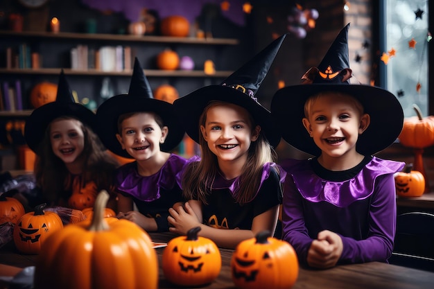 Happy kids celebrating Halloween in a classroom