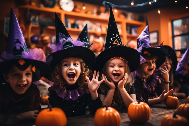 Happy kids celebrating Halloween in a classroom