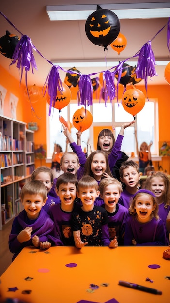 Happy kids celebrating Halloween in a classroom