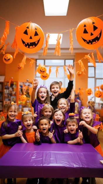 Happy kids celebrating halloween in a classroom