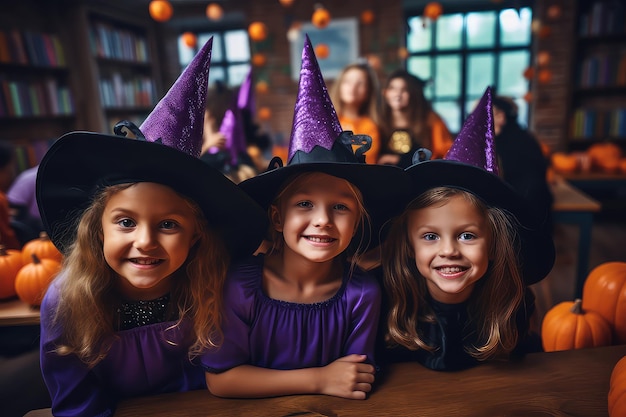 Happy kids celebrating Halloween in a classroom