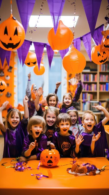 Happy kids celebrating Halloween in a classroom