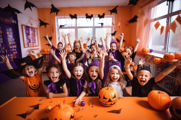 Happy kids celebrating Halloween in a classroom