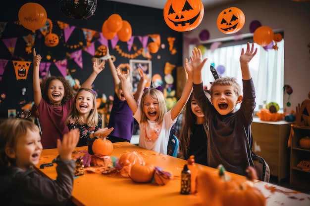 Счастливые дети празднуют Хэллоуин в классе