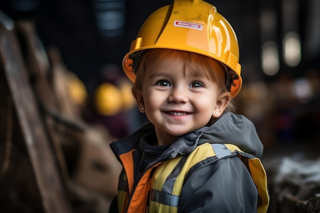 ヘルメットをかぶった幸せな子供の建設現場エンジニア