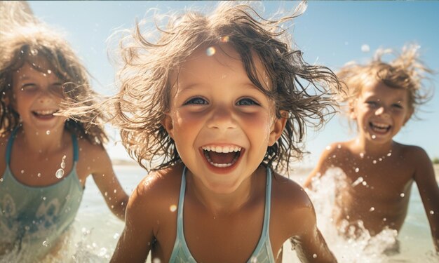 幸せな子供たちと海の夏の時間の楽しみ