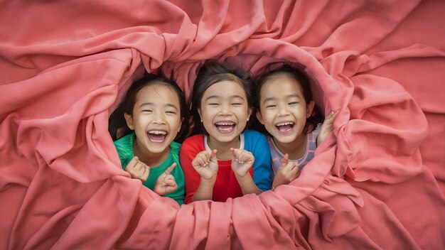 Photo happy kids girls isolated on coral pink