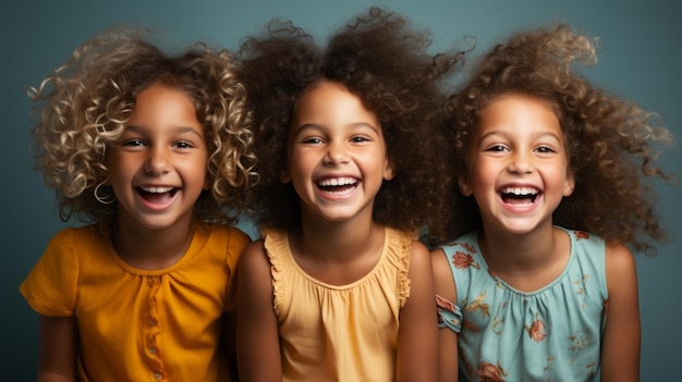Группа счастливых детей на синем фоне Генеративный ИИ