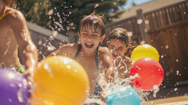 裏庭で楽しい水球パーティーをしている幸せな子供たち