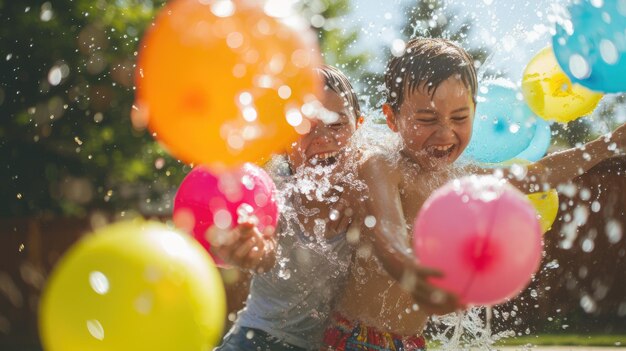 Photo happy kids having a fun water balloon party in the backyard aig