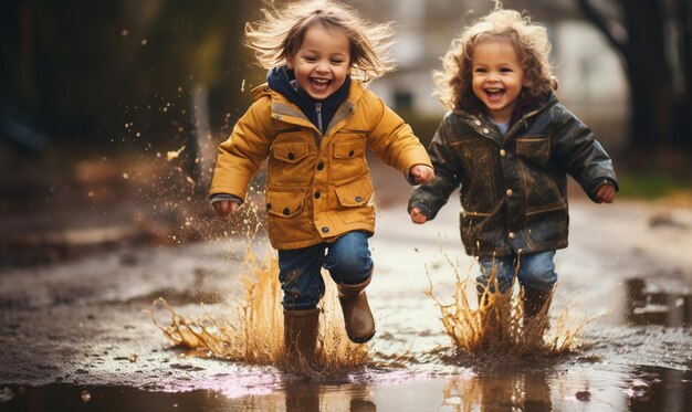 Happy kids jumping in spring puddle