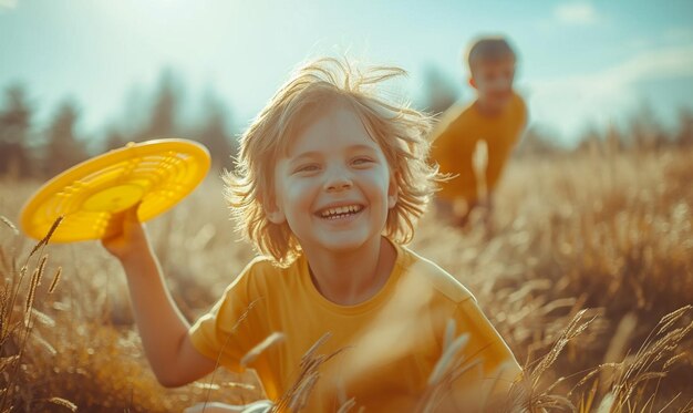 Фото Счастливые дети играют в фризби на луге.