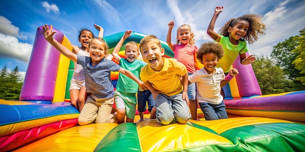 Happy Kids Playing on Inflatable Bounce House on Sunny Summer Day | Premium  AI-generated image