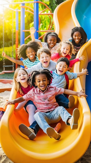 Happy kids playing on slide