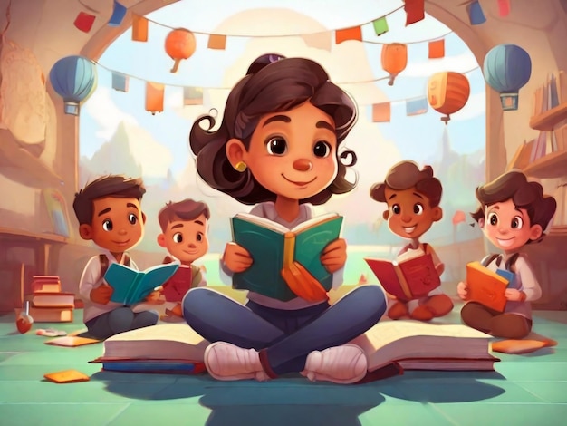 Счастливые дети читают книги и учатся вместе.