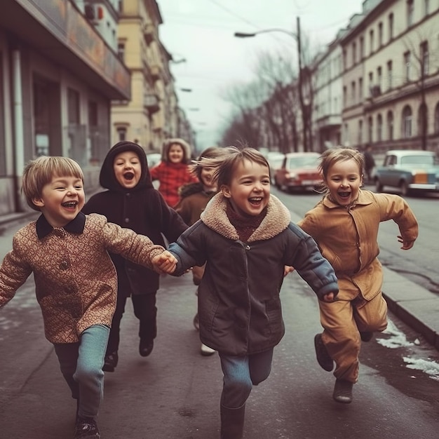 HAPPY KIDS RUNNING IN THE STREET