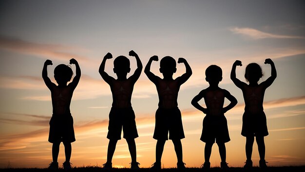 Photo happy kids silhouettes on sunset hd background