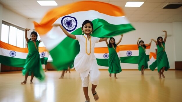 Foto ragazzi felici in uniforme che sventolano la bandiera indiana guardando la telecamera nel corridoio della scuola concetto di indipendenza o celebrazione della giornata della repubblica patriottismo e libertà