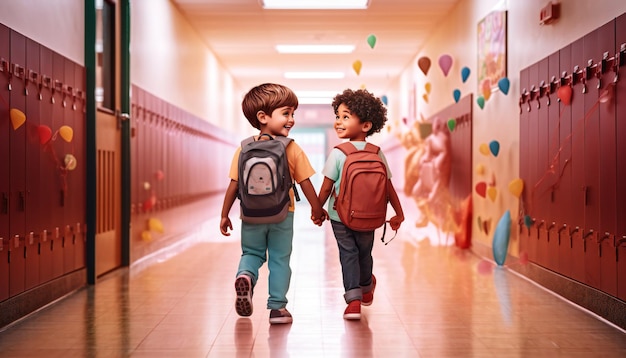 Happy Kids Walking In School Corridor