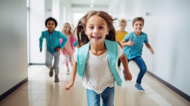 счастливые дети с рюкзаками в коридорах школы возвращаются в школу
