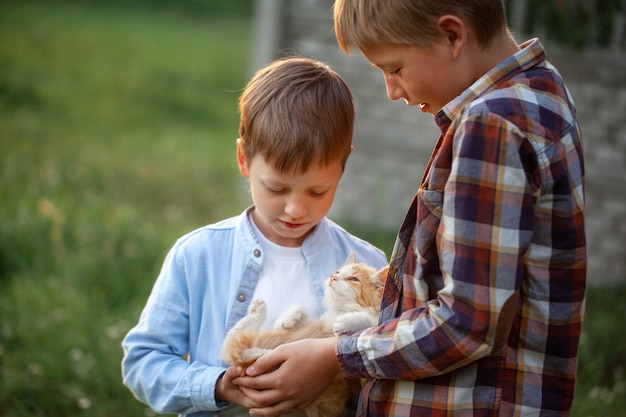 Happy kids with a kitten in his hands in nature on summer.