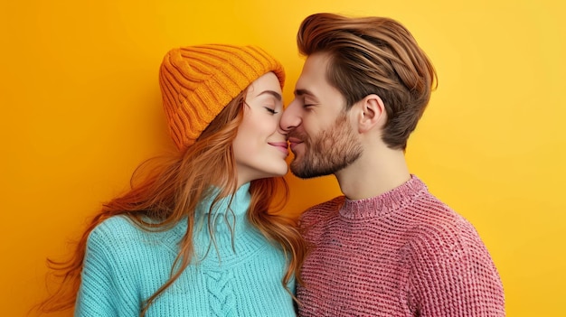 happy kisses couple on minimalist vivid background with copy space