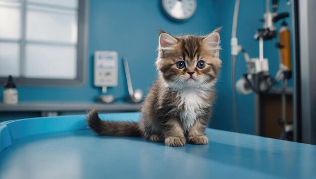 의사의 행복한 새끼 고양이 동물의 백신을 수의사 클리닉에서 수의사에 의해