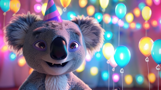 Happy Koala Celebrating in Colorful Lighting with Party Hat on Wide Angle Lens