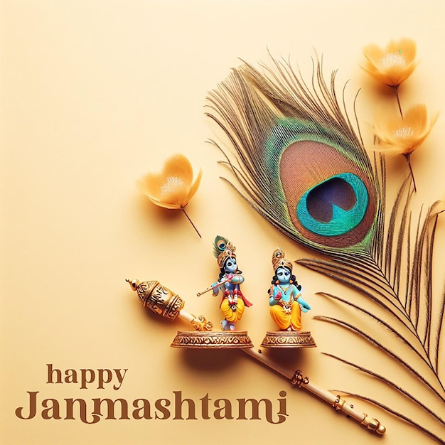 Photo happy krishna janmashtami festival background with 3d peacock feather concept