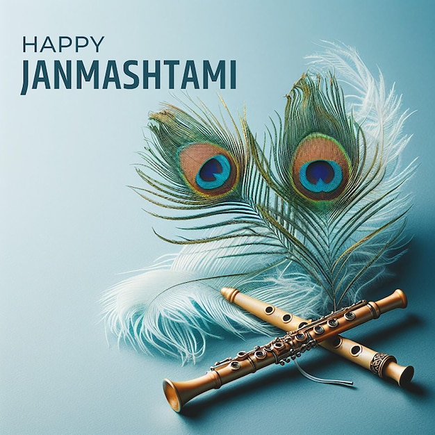 Photo happy krishna janmashtami festival background with 3d peacock feather concept