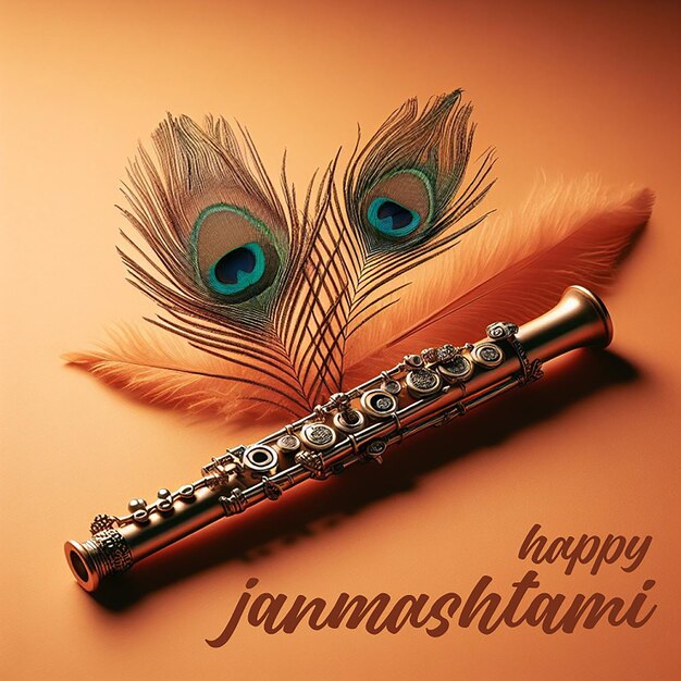 Happy Krishna Janmashtami festival background with 3d peacock feather concept