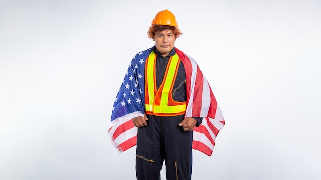 Foto felice festa del lavoro bandiera americana e uomo del lavoro bandiera usa bandiera americana festa del lavoro