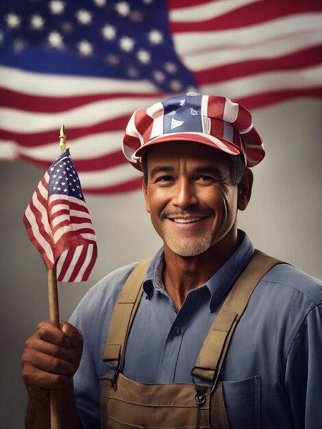 Foto felice labor day lavoratore americano che festeggia con la bandiera ai generata