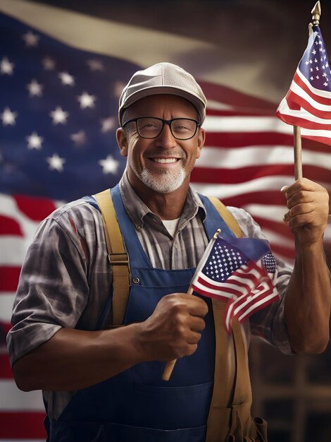 Foto felice labor day lavoratore americano che festeggia con la bandiera ai generata