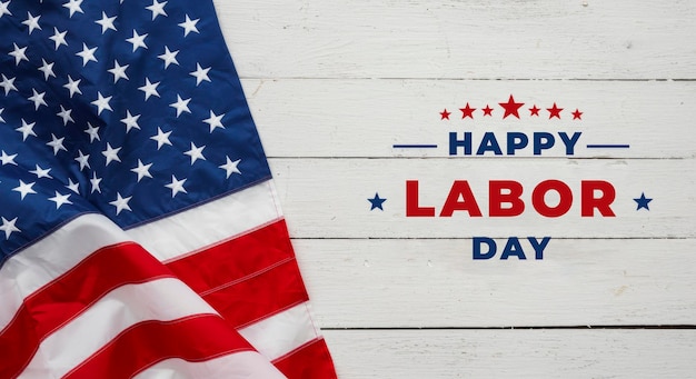Happy Labor Day banner with inscription on a white wooden background next to the American flag