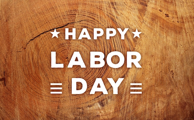 Happy Labor Day banner, witte tekst op hardhouten oppervlak bovenaanzicht banner