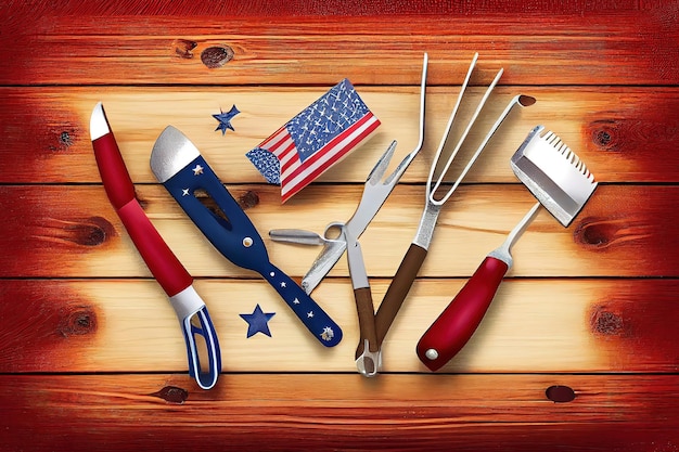 Happy labor day Bbq tools with july 4th decorations on wood background Generative Ai