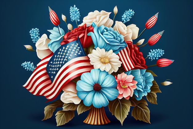 Happy Labor day Beautiful bouquet with american flag on blue background Generative Ai