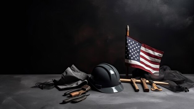 Happy Labor day concept American flag with differ construction tools with Generative AI Technology