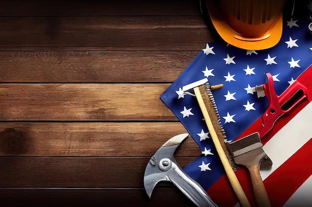 Happy Labor day concept American flag with different construction tools on dark wooden