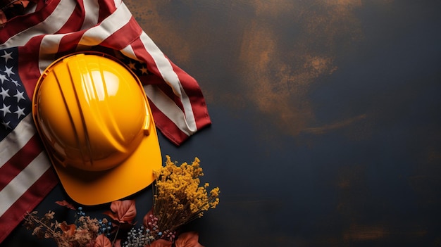 Happy Labor day concept American flag with different elements hard hats on dark background with copy space for text