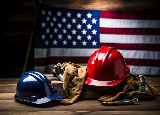 Happy Labor Day concept Amerikaanse vlag met verschillende bouwgereedschappen op houten achtergrond