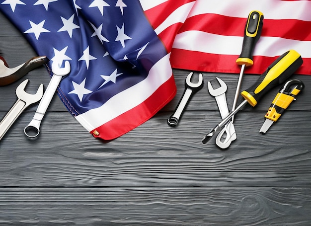 Happy Labor day concept Amerikaanse vlag met verschillende bouwgereedschappen op houten achtergrond