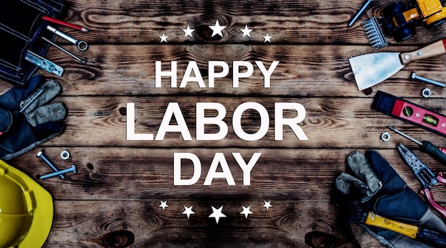 Happy Labor day concept and background. Engineer and worker tools. Public holiday in America and USA.