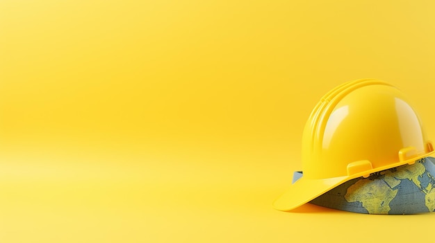 концепция счастливого рабочего дня с желтым шлемом на желтом фоне