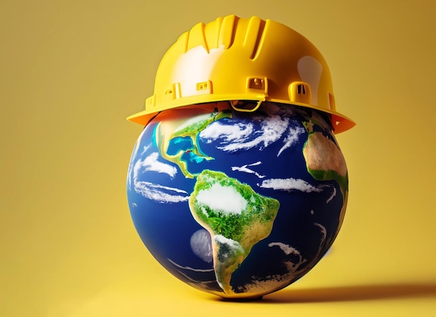 Happy Labor Day concept yellow background Earth with yellow helmet isolated on yellow background 1st May Labor day celebration