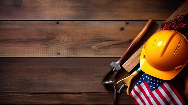 Happy Labor day Construction tools Copy space for text on soft wood background